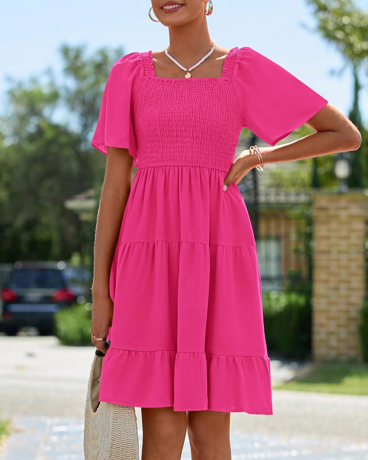 imageBTFBM Womens Summer Smocked Mini Dress Spring Square Neck Flutter Sleeve Casual Ruffle Swing Boho Beach Dresses PocketsRose Red