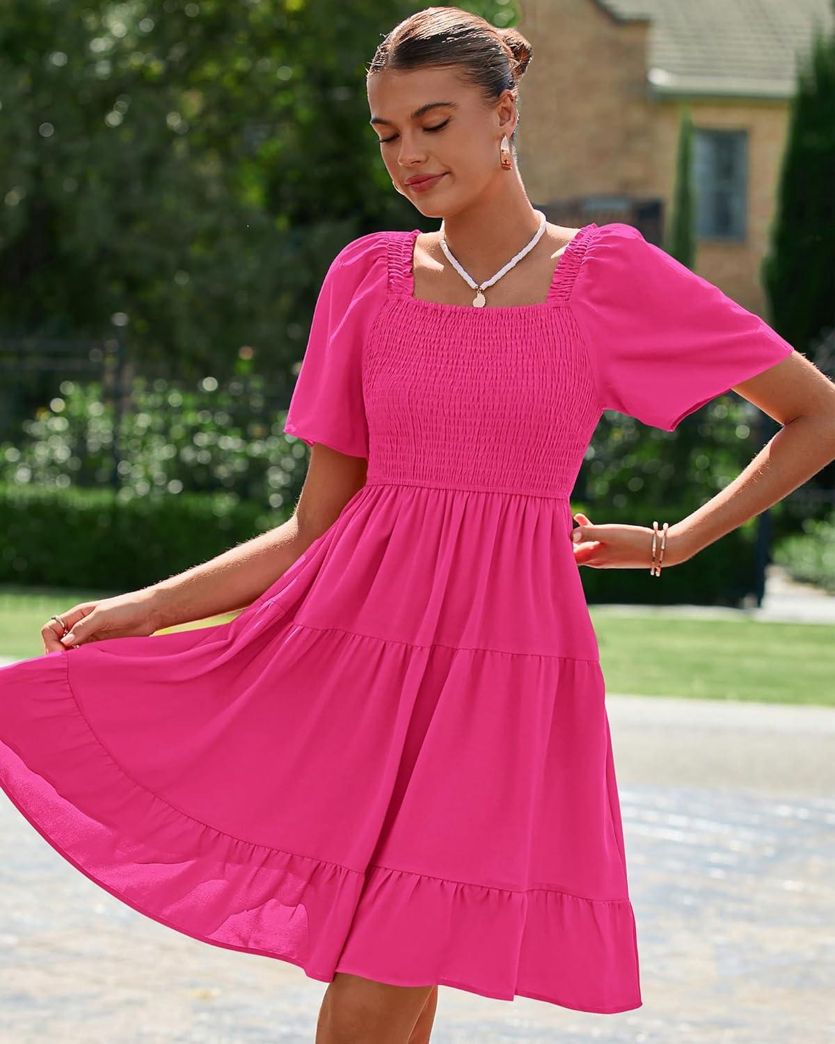 imageBTFBM Womens Summer Smocked Mini Dress Spring Square Neck Flutter Sleeve Casual Ruffle Swing Boho Beach Dresses PocketsRose Red