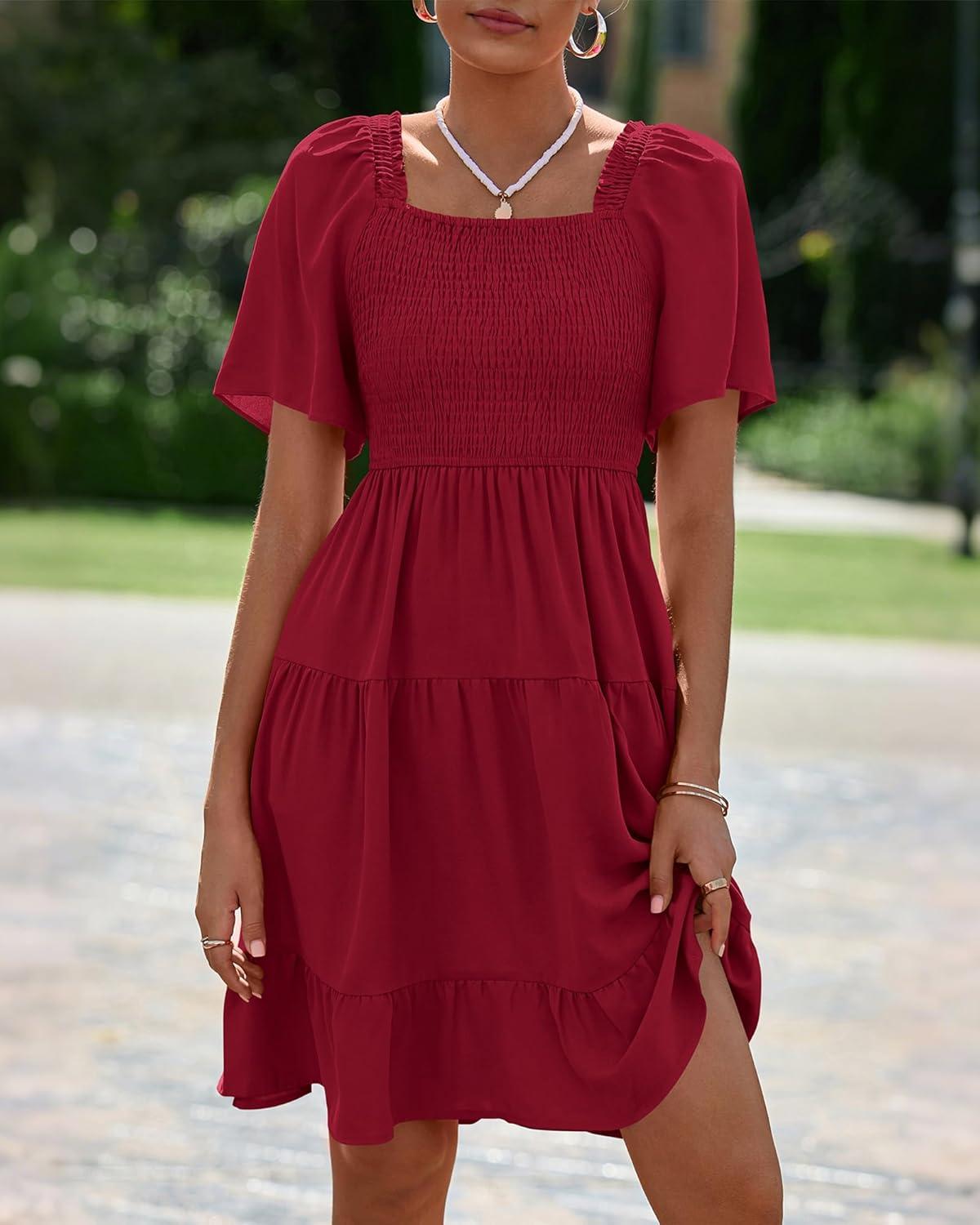 imageBTFBM Womens Summer Smocked Mini Dress Spring Square Neck Flutter Sleeve Casual Ruffle Swing Boho Beach Dresses PocketsWine Red