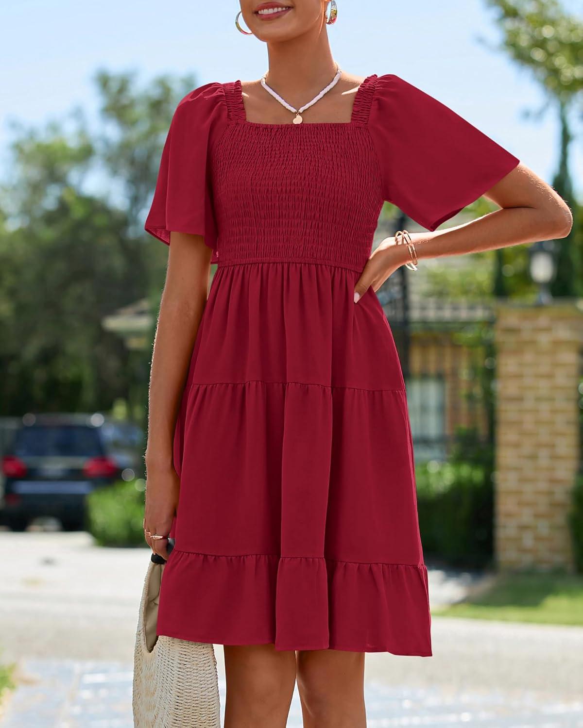 imageBTFBM Womens Summer Smocked Mini Dress Spring Square Neck Flutter Sleeve Casual Ruffle Swing Boho Beach Dresses PocketsWine Red
