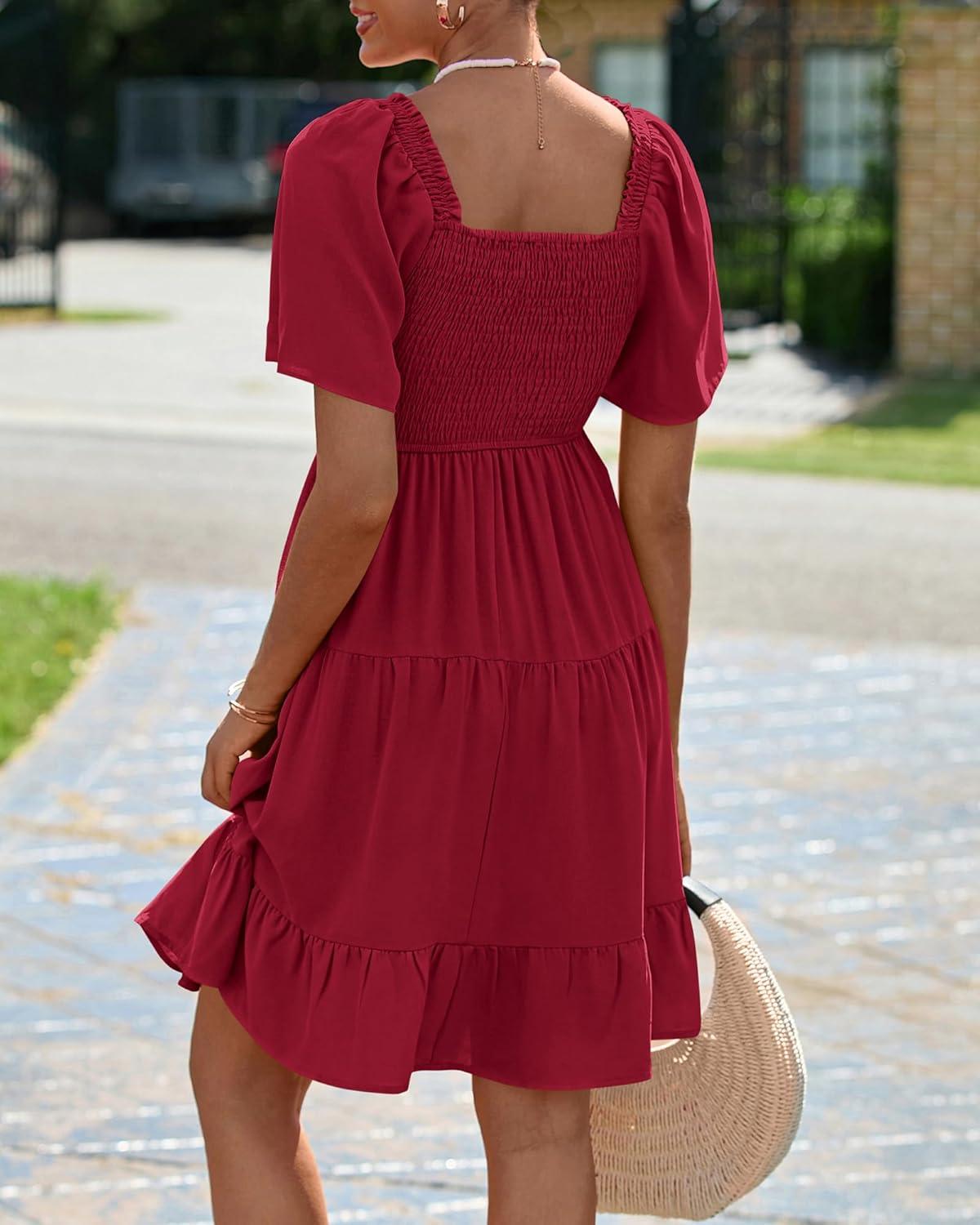 imageBTFBM Womens Summer Smocked Mini Dress Spring Square Neck Flutter Sleeve Casual Ruffle Swing Boho Beach Dresses PocketsWine Red