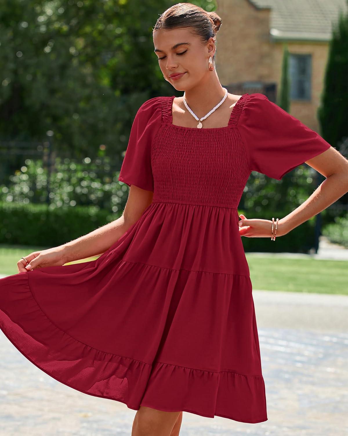 imageBTFBM Womens Summer Smocked Mini Dress Spring Square Neck Flutter Sleeve Casual Ruffle Swing Boho Beach Dresses PocketsWine Red