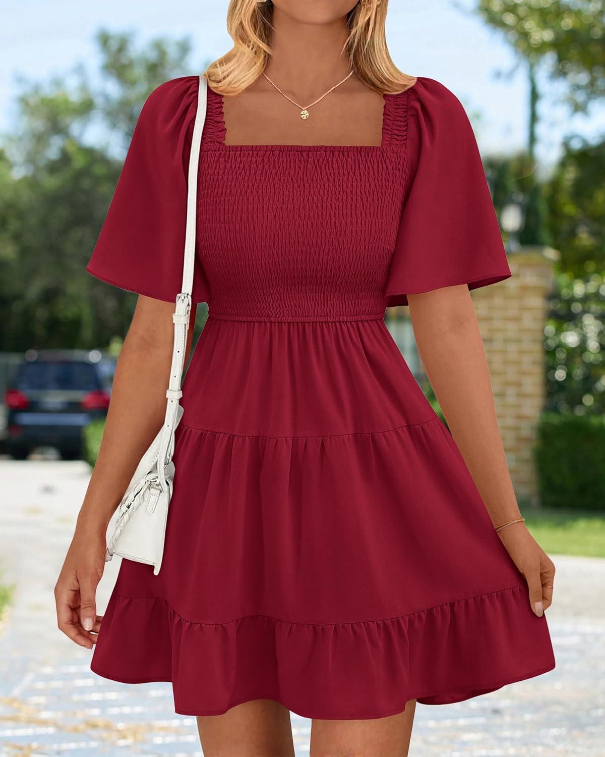 imageBTFBM Womens Summer Smocked Mini Dress Spring Square Neck Flutter Sleeve Casual Ruffle Swing Boho Beach Dresses PocketsWine Red