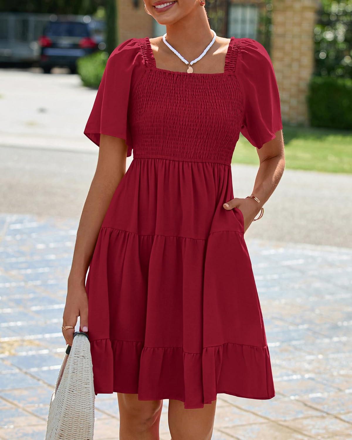 imageBTFBM Womens Summer Smocked Mini Dress Spring Square Neck Flutter Sleeve Casual Ruffle Swing Boho Beach Dresses PocketsWine Red