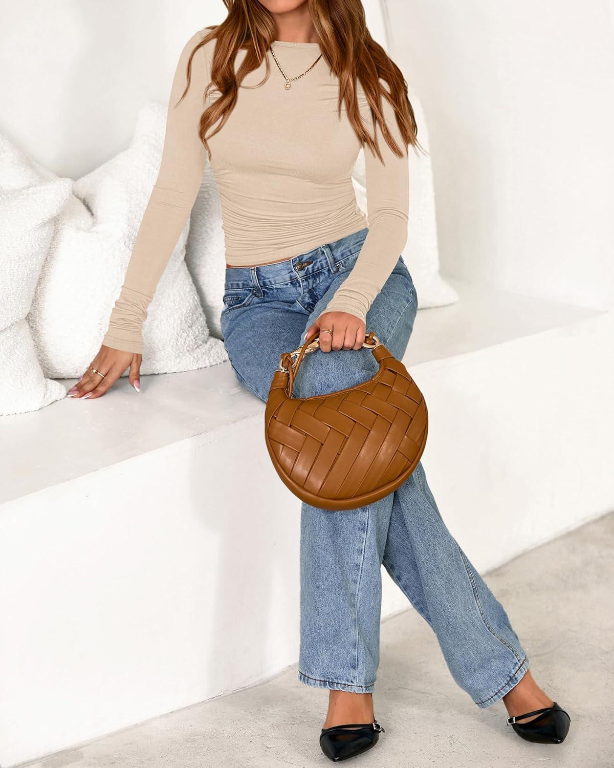 imageBTFBM Womens Tops 2025 Fall Clothes Long Sleeve T Shirts Boat Neck Ruched Slim Fit Casual Stretchy Going Out OutfitsBeige