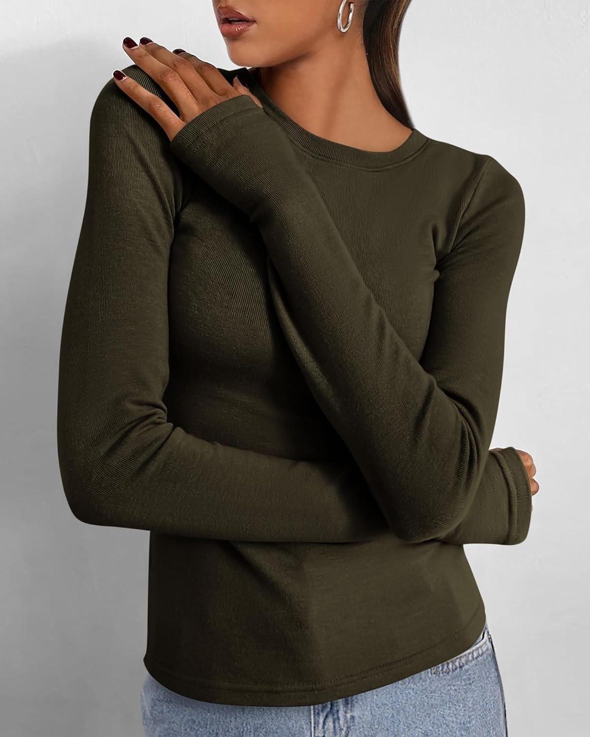 imageBTFBM Womens Tops 2026 Spring Outfits Long Sleeve Shirts Crewneck Work Blouses Stretchy Slim Fit Going Out Top WorkoutArmy Green