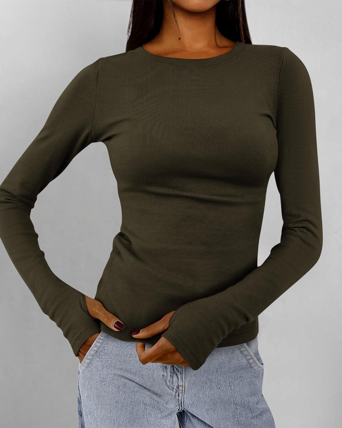 imageBTFBM Womens Tops 2026 Spring Outfits Long Sleeve Shirts Crewneck Work Blouses Stretchy Slim Fit Going Out Top WorkoutArmy Green
