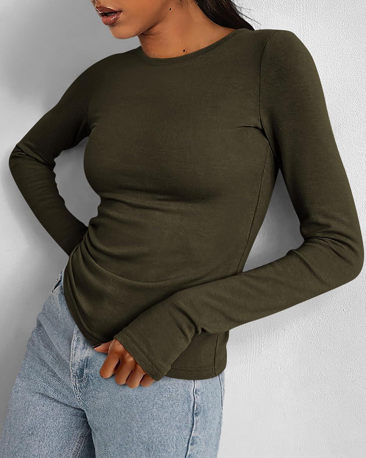 imageBTFBM Womens Tops 2026 Spring Outfits Long Sleeve Shirts Crewneck Work Blouses Stretchy Slim Fit Going Out Top WorkoutArmy Green