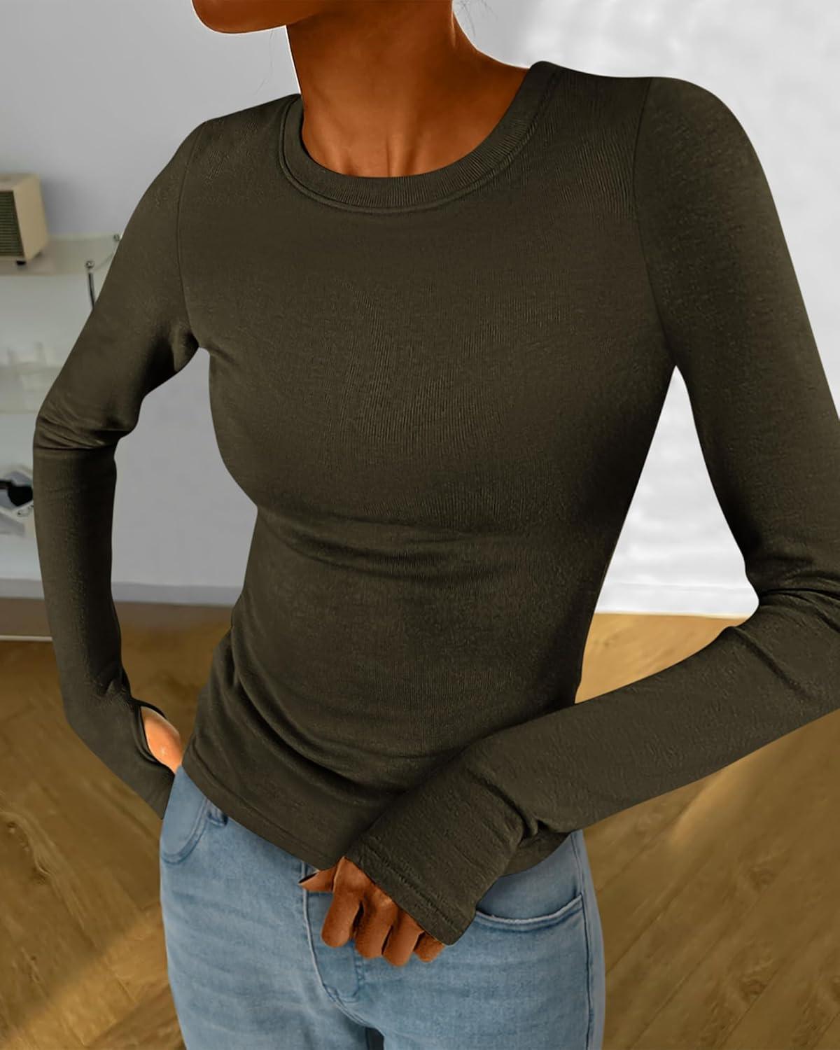 imageBTFBM Womens Tops 2026 Spring Outfits Long Sleeve Shirts Crewneck Work Blouses Stretchy Slim Fit Going Out Top WorkoutArmy Green