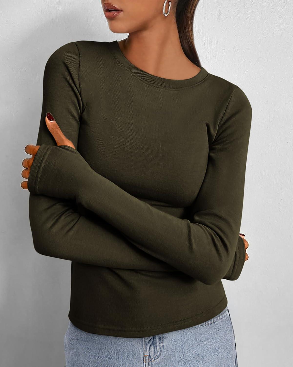 imageBTFBM Womens Tops 2026 Spring Outfits Long Sleeve Shirts Crewneck Work Blouses Stretchy Slim Fit Going Out Top WorkoutArmy Green