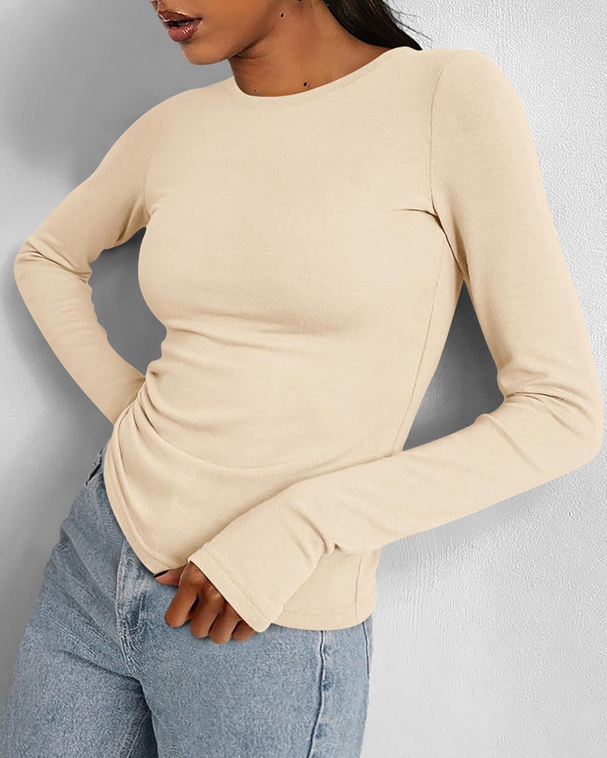 imageBTFBM Womens Tops 2026 Spring Outfits Long Sleeve Shirts Crewneck Work Blouses Stretchy Slim Fit Going Out Top WorkoutBeige