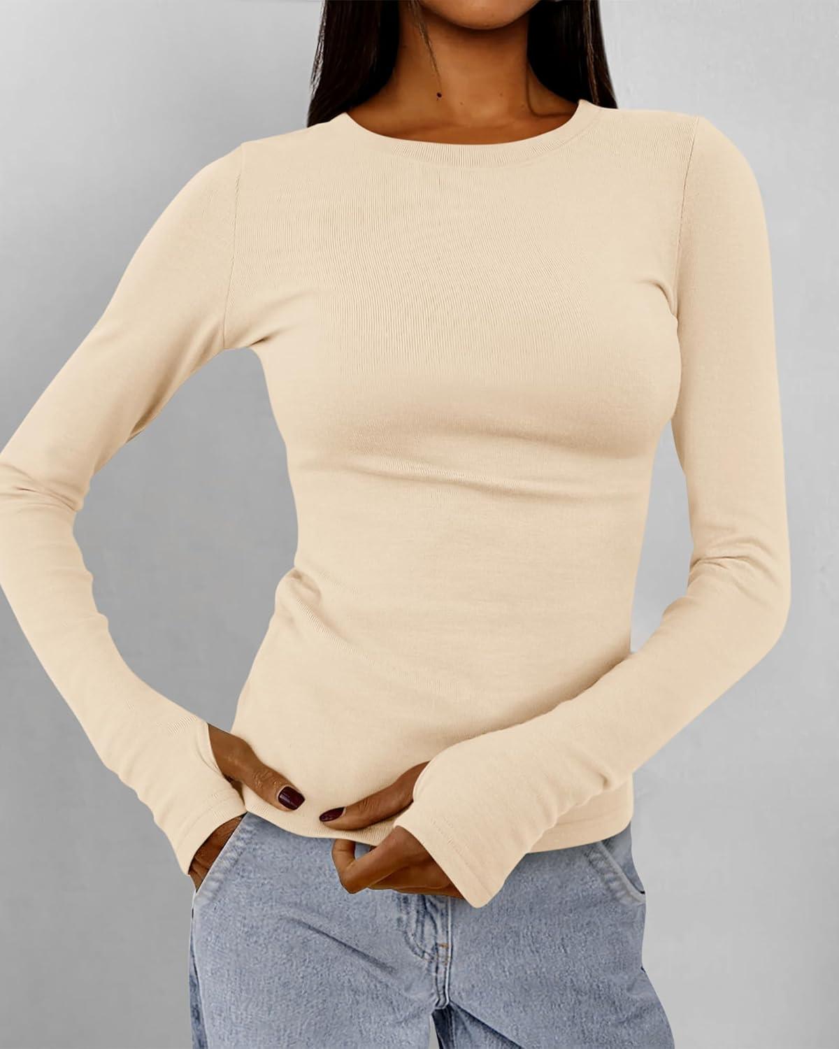 imageBTFBM Womens Tops 2026 Spring Outfits Long Sleeve Shirts Crewneck Work Blouses Stretchy Slim Fit Going Out Top WorkoutBeige