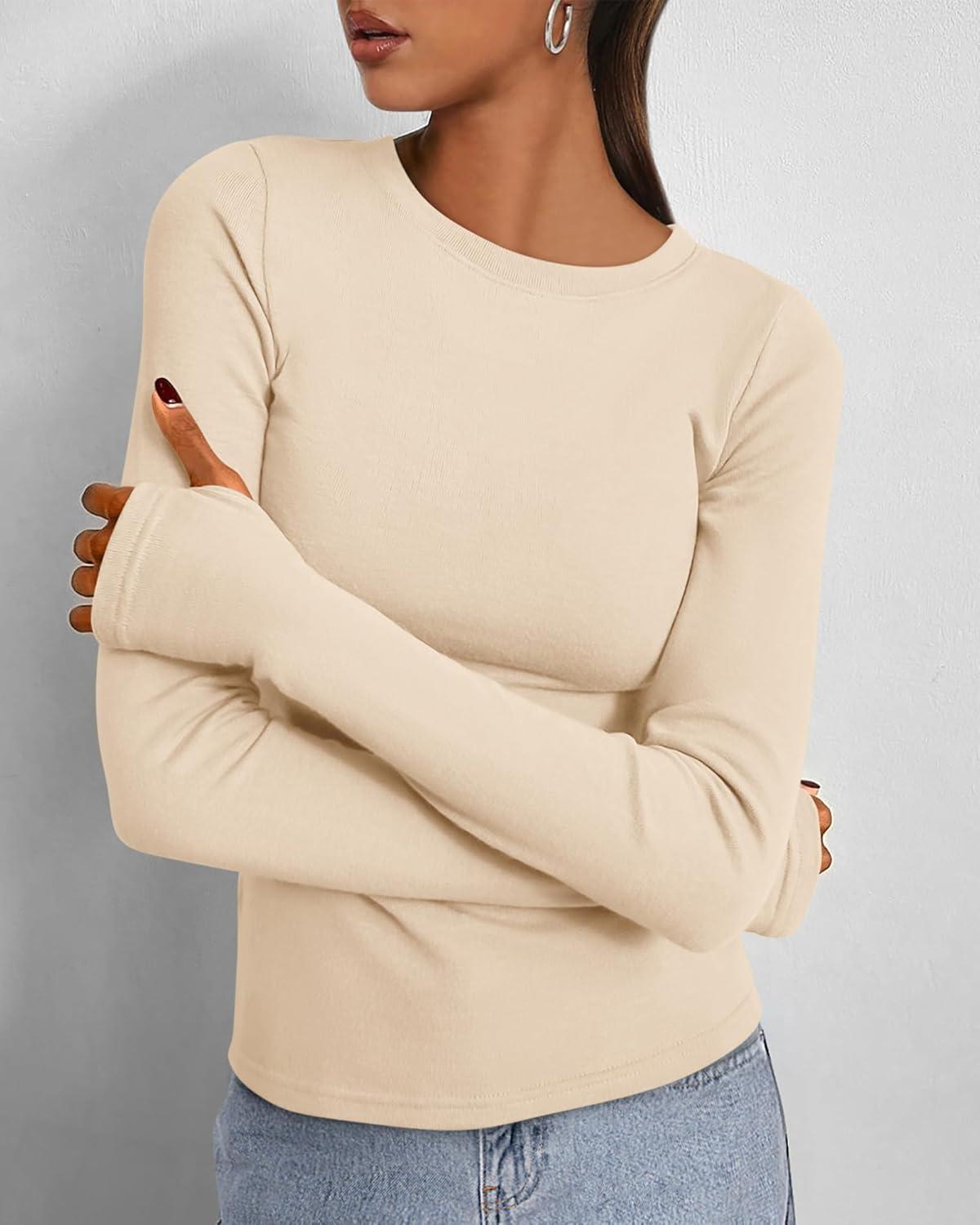 imageBTFBM Womens Tops 2026 Spring Outfits Long Sleeve Shirts Crewneck Work Blouses Stretchy Slim Fit Going Out Top WorkoutBeige