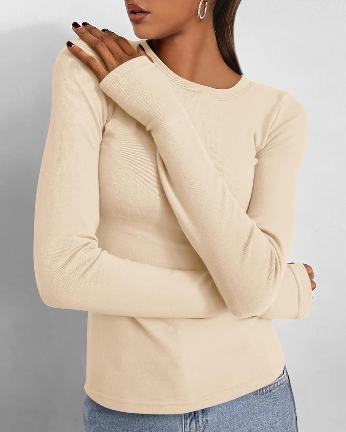 imageBTFBM Womens Tops 2026 Spring Outfits Long Sleeve Shirts Crewneck Work Blouses Stretchy Slim Fit Going Out Top WorkoutBeige