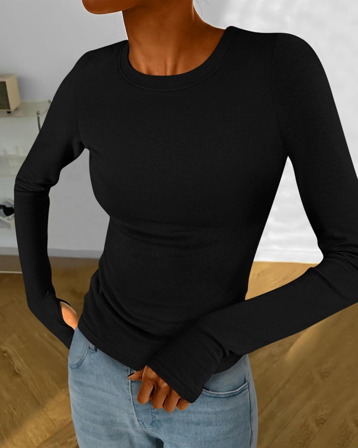imageBTFBM Womens Tops 2026 Spring Outfits Long Sleeve Shirts Crewneck Work Blouses Stretchy Slim Fit Going Out Top WorkoutBlack