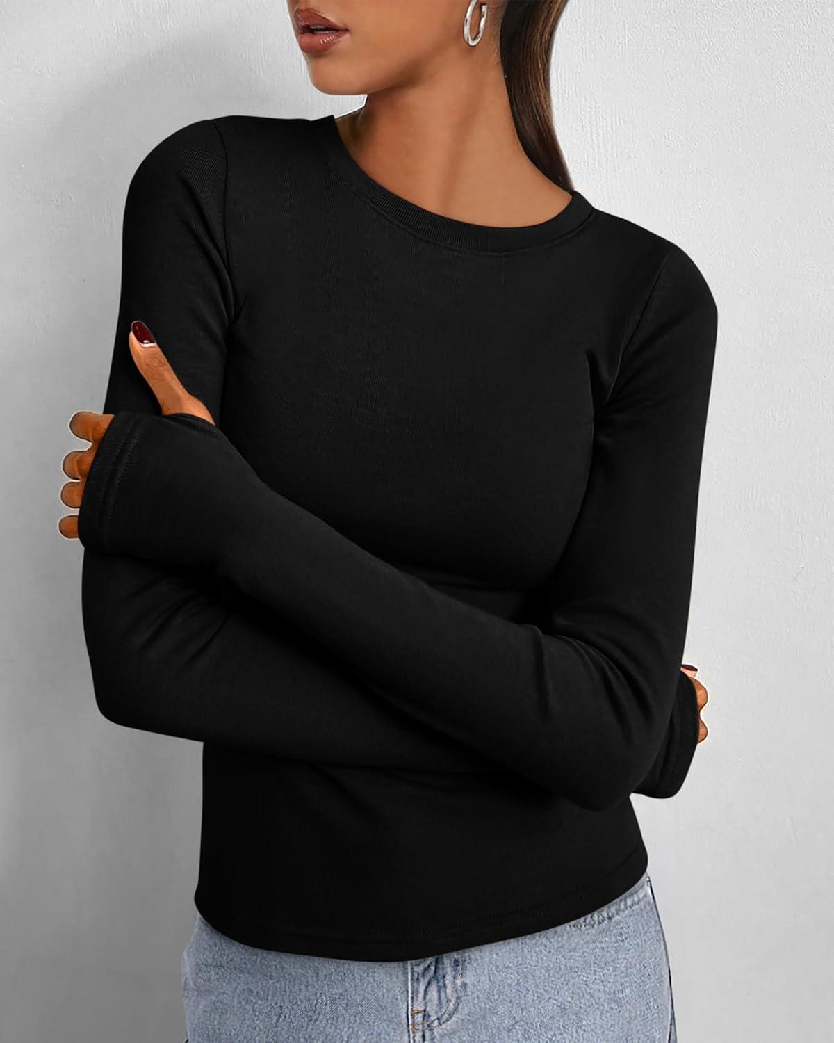 imageBTFBM Womens Tops 2026 Spring Outfits Long Sleeve Shirts Crewneck Work Blouses Stretchy Slim Fit Going Out Top WorkoutBlack