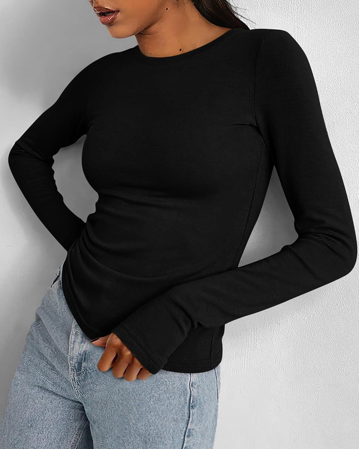 imageBTFBM Womens Tops 2026 Spring Outfits Long Sleeve Shirts Crewneck Work Blouses Stretchy Slim Fit Going Out Top WorkoutBlack