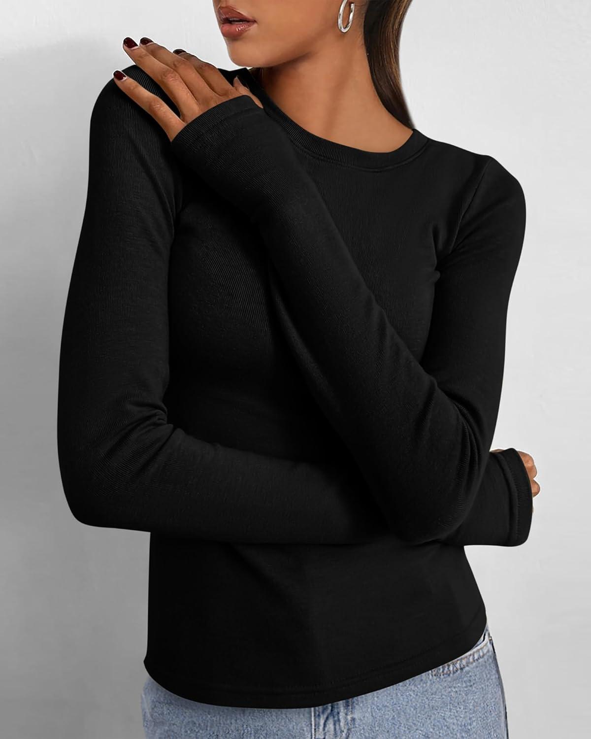 imageBTFBM Womens Tops 2026 Spring Outfits Long Sleeve Shirts Crewneck Work Blouses Stretchy Slim Fit Going Out Top WorkoutBlack