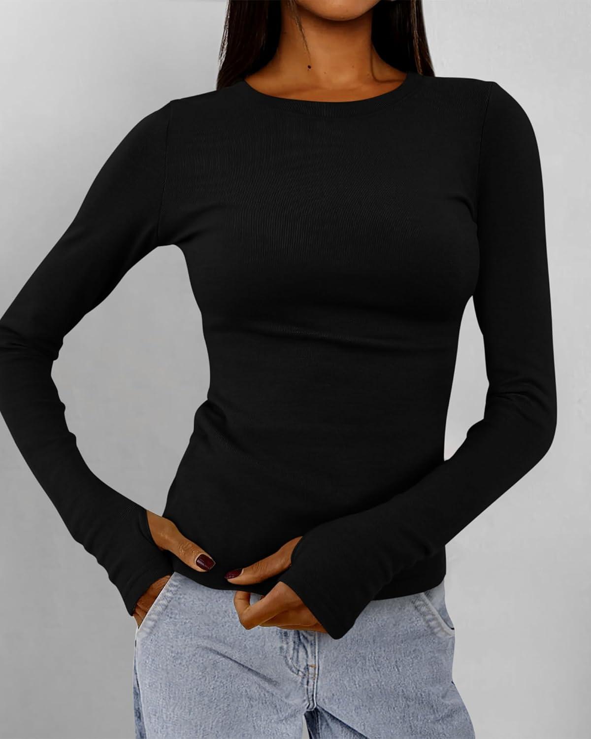 imageBTFBM Womens Tops 2026 Spring Outfits Long Sleeve Shirts Crewneck Work Blouses Stretchy Slim Fit Going Out Top WorkoutBlack