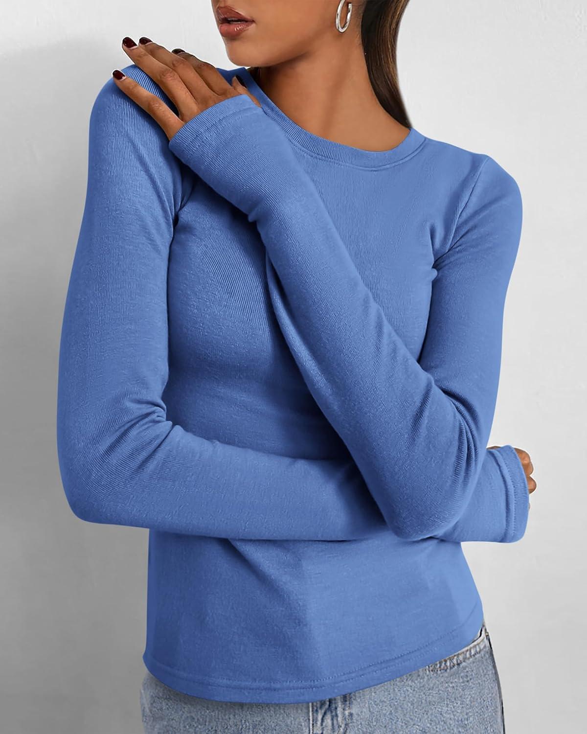 imageBTFBM Womens Tops 2026 Spring Outfits Long Sleeve Shirts Crewneck Work Blouses Stretchy Slim Fit Going Out Top WorkoutBlue