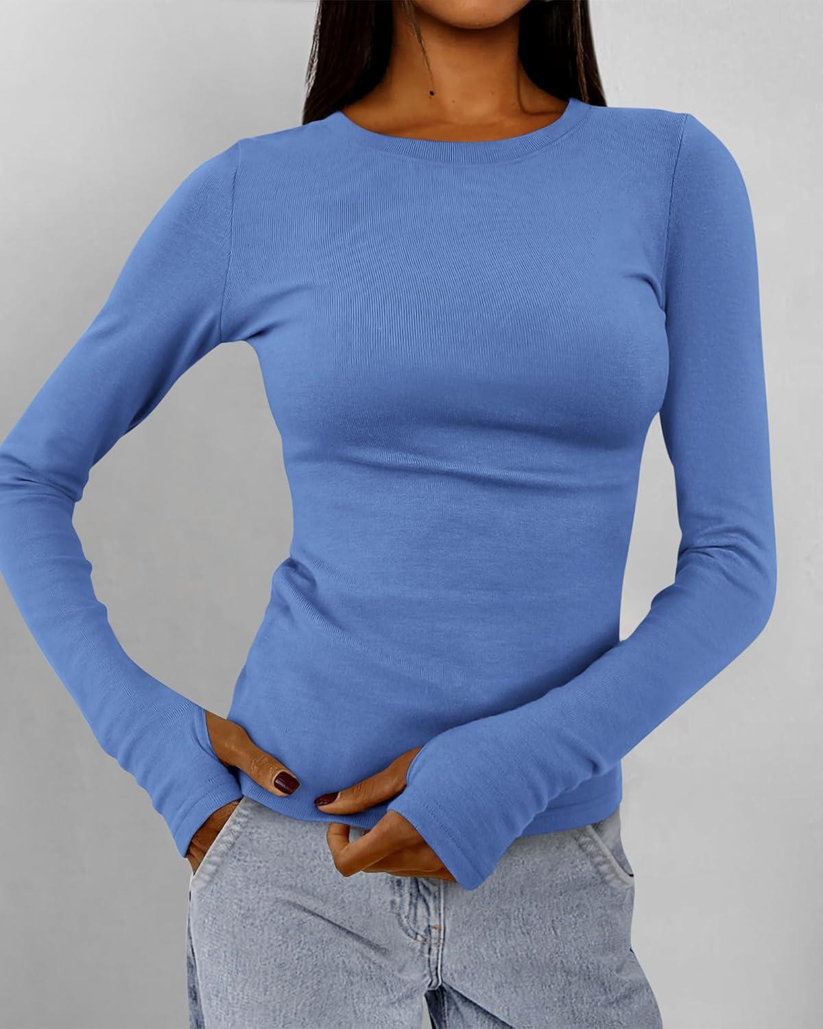 imageBTFBM Womens Tops 2026 Spring Outfits Long Sleeve Shirts Crewneck Work Blouses Stretchy Slim Fit Going Out Top WorkoutBlue