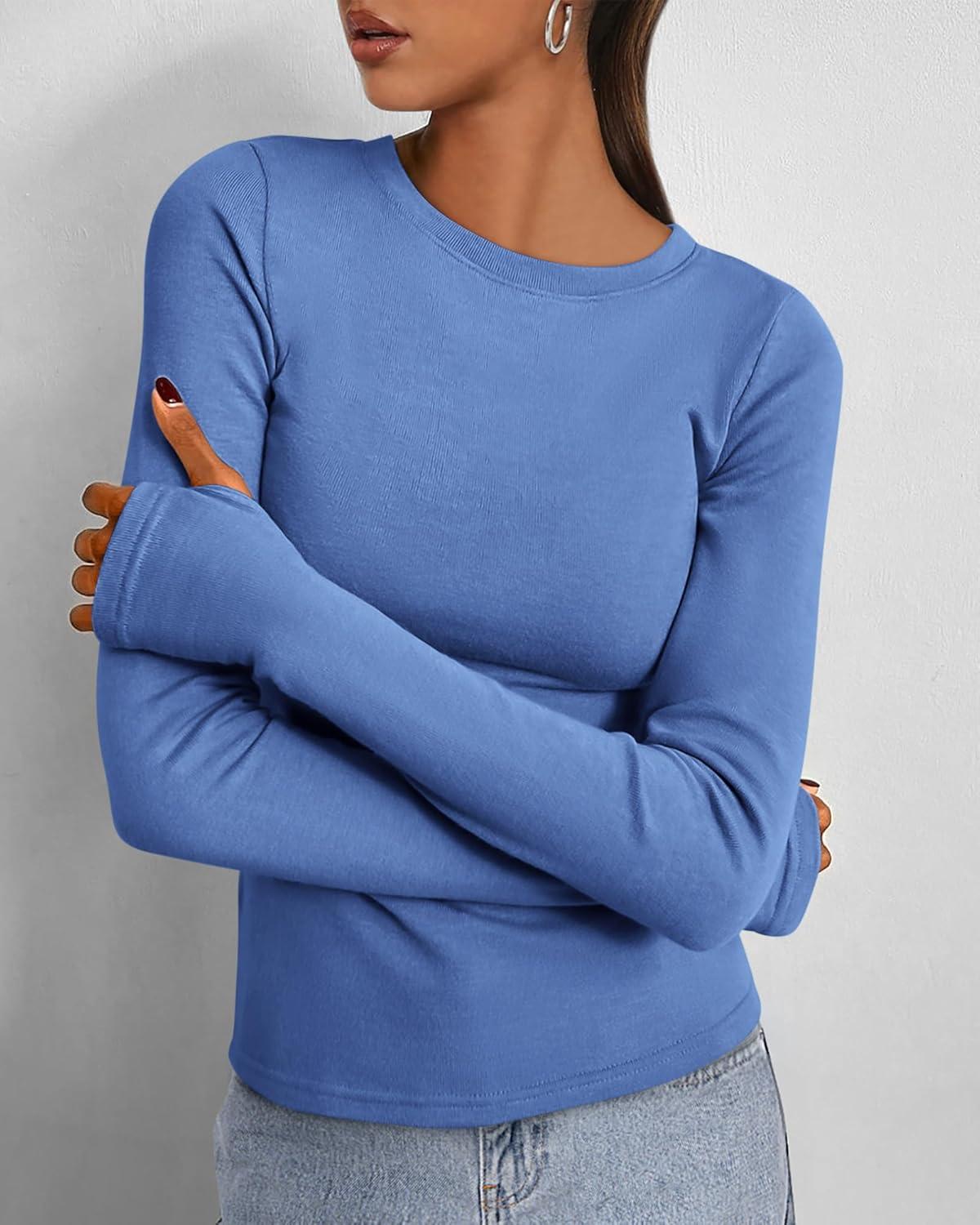 imageBTFBM Womens Tops 2026 Spring Outfits Long Sleeve Shirts Crewneck Work Blouses Stretchy Slim Fit Going Out Top WorkoutBlue