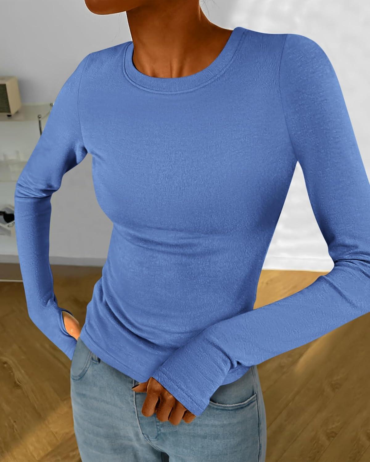 imageBTFBM Womens Tops 2026 Spring Outfits Long Sleeve Shirts Crewneck Work Blouses Stretchy Slim Fit Going Out Top WorkoutBlue