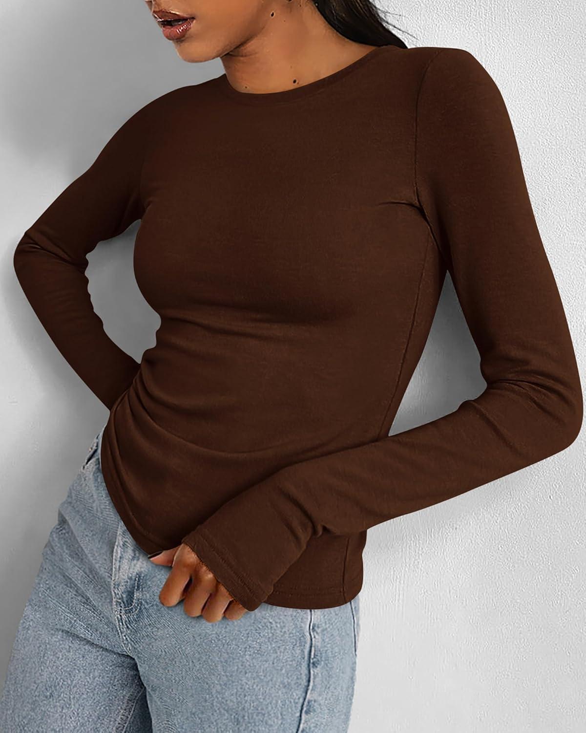 imageBTFBM Womens Tops 2026 Spring Outfits Long Sleeve Shirts Crewneck Work Blouses Stretchy Slim Fit Going Out Top WorkoutCoffee