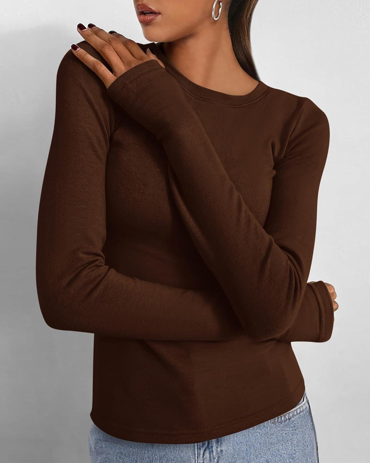 imageBTFBM Womens Tops 2026 Spring Outfits Long Sleeve Shirts Crewneck Work Blouses Stretchy Slim Fit Going Out Top WorkoutCoffee