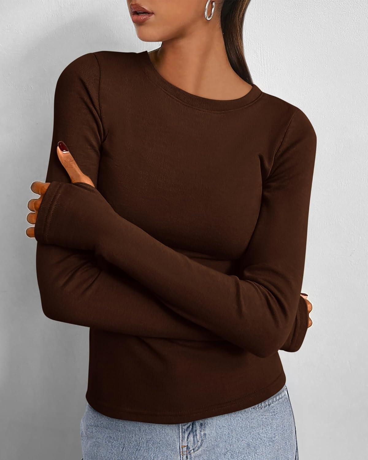 imageBTFBM Womens Tops 2026 Spring Outfits Long Sleeve Shirts Crewneck Work Blouses Stretchy Slim Fit Going Out Top WorkoutCoffee