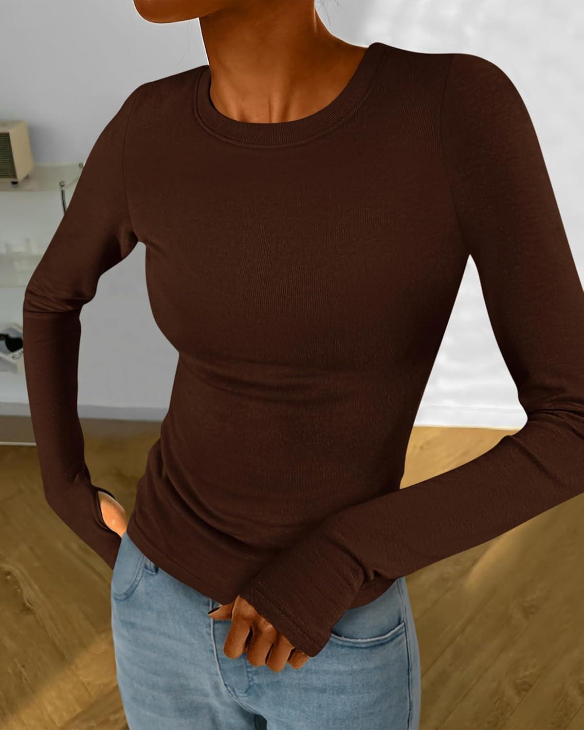 imageBTFBM Womens Tops 2026 Spring Outfits Long Sleeve Shirts Crewneck Work Blouses Stretchy Slim Fit Going Out Top WorkoutCoffee