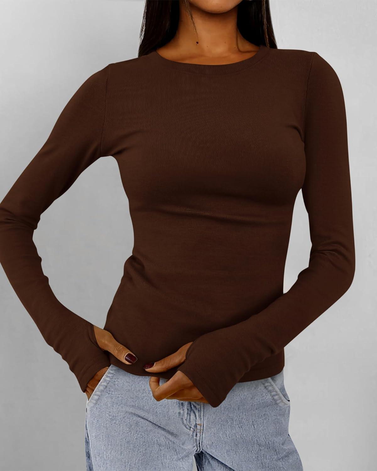 imageBTFBM Womens Tops 2026 Spring Outfits Long Sleeve Shirts Crewneck Work Blouses Stretchy Slim Fit Going Out Top WorkoutCoffee