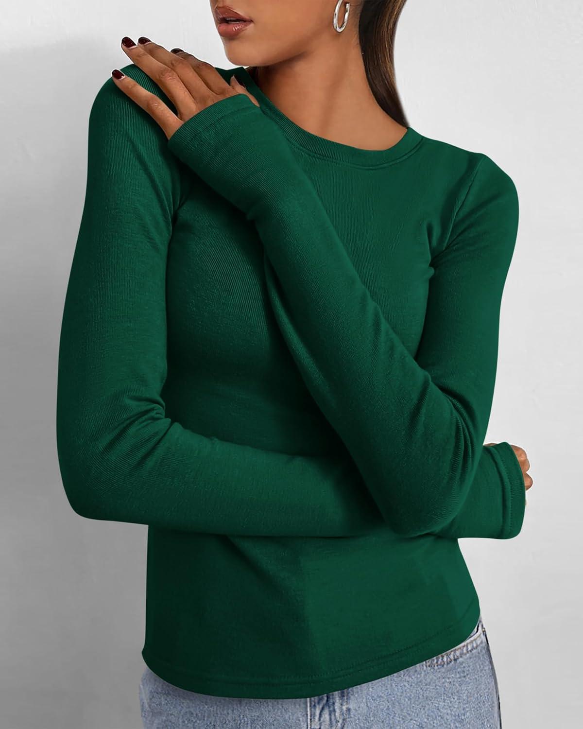 imageBTFBM Womens Tops 2026 Spring Outfits Long Sleeve Shirts Crewneck Work Blouses Stretchy Slim Fit Going Out Top WorkoutGreen