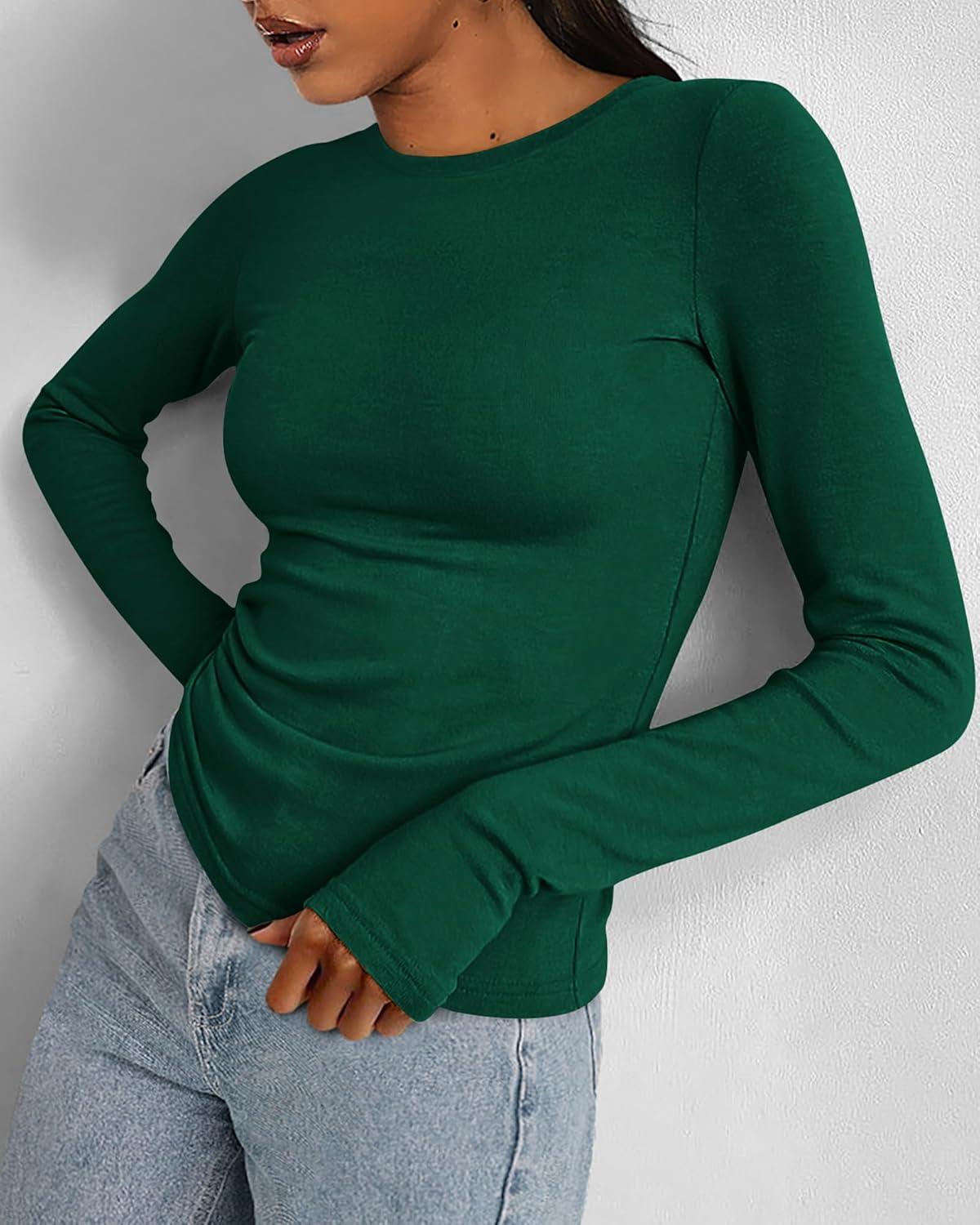 imageBTFBM Womens Tops 2026 Spring Outfits Long Sleeve Shirts Crewneck Work Blouses Stretchy Slim Fit Going Out Top WorkoutGreen