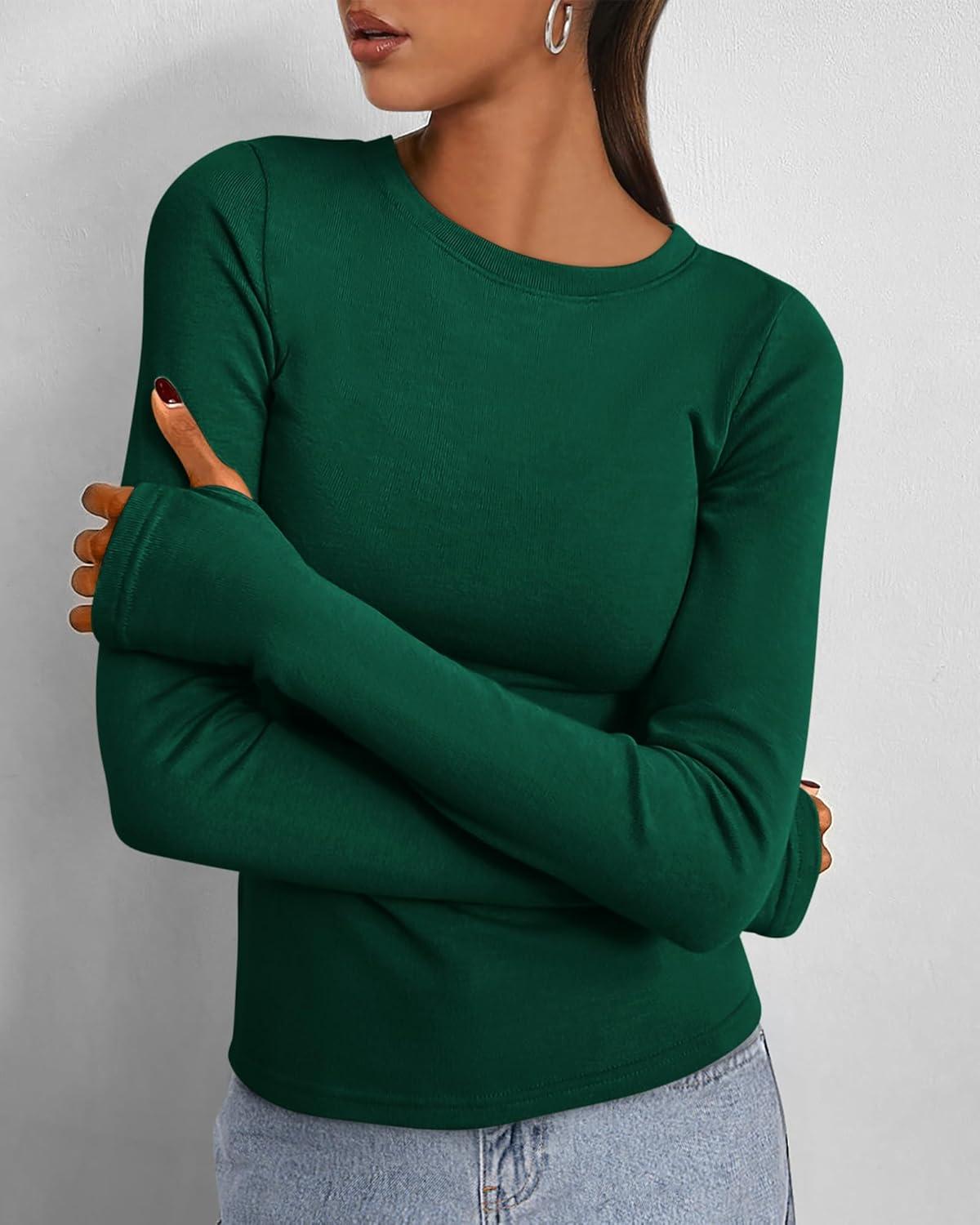 imageBTFBM Womens Tops 2026 Spring Outfits Long Sleeve Shirts Crewneck Work Blouses Stretchy Slim Fit Going Out Top WorkoutGreen