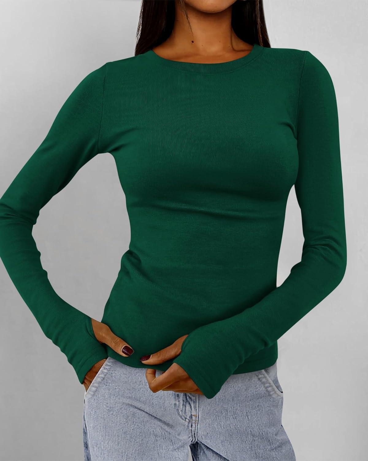 imageBTFBM Womens Tops 2026 Spring Outfits Long Sleeve Shirts Crewneck Work Blouses Stretchy Slim Fit Going Out Top WorkoutGreen