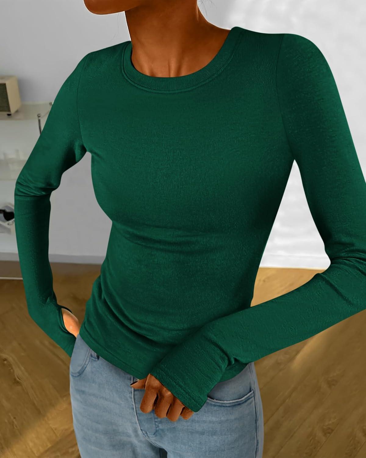 imageBTFBM Womens Tops 2026 Spring Outfits Long Sleeve Shirts Crewneck Work Blouses Stretchy Slim Fit Going Out Top WorkoutGreen