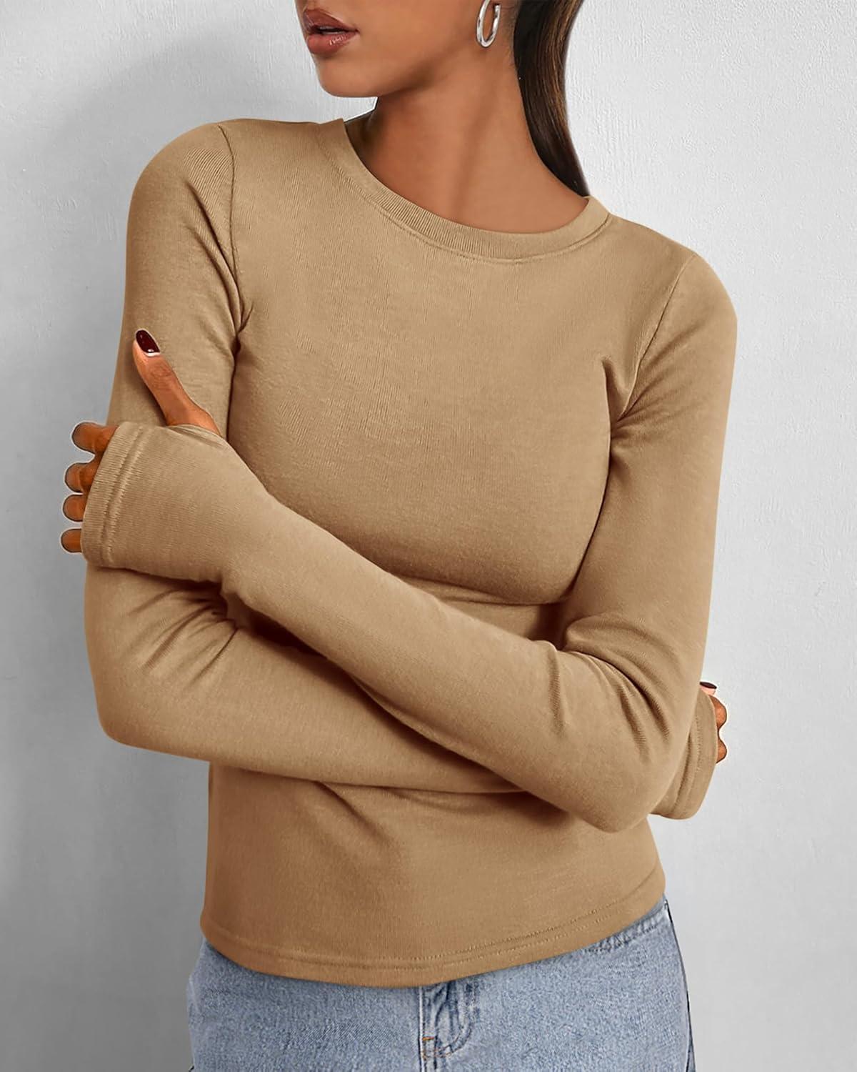 imageBTFBM Womens Tops 2026 Spring Outfits Long Sleeve Shirts Crewneck Work Blouses Stretchy Slim Fit Going Out Top WorkoutKhaki