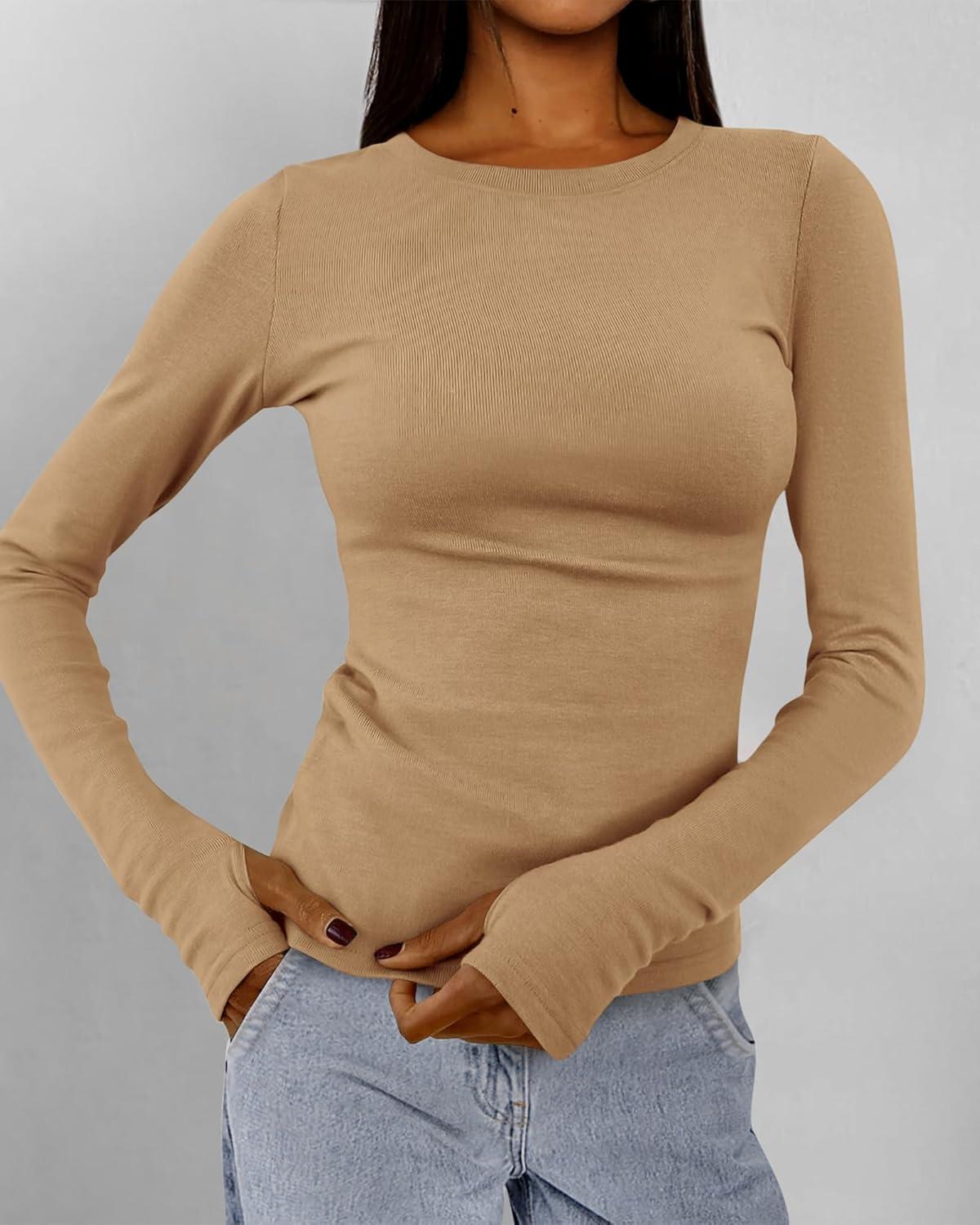 imageBTFBM Womens Tops 2026 Spring Outfits Long Sleeve Shirts Crewneck Work Blouses Stretchy Slim Fit Going Out Top WorkoutKhaki
