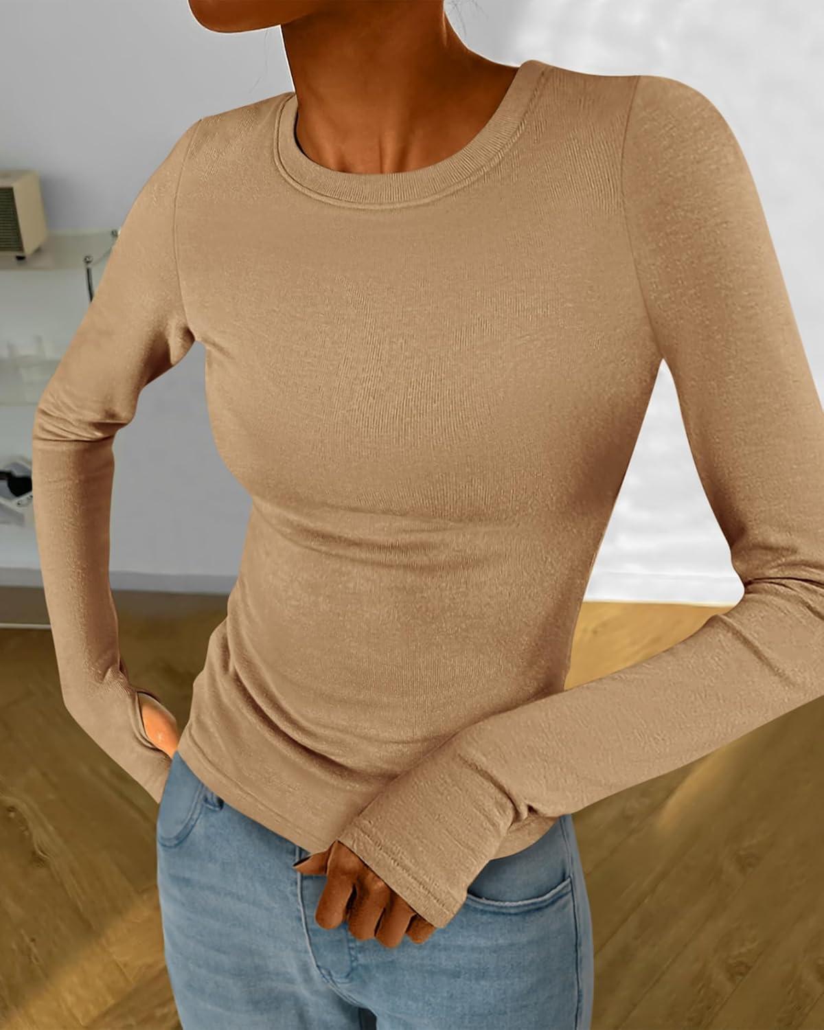 imageBTFBM Womens Tops 2026 Spring Outfits Long Sleeve Shirts Crewneck Work Blouses Stretchy Slim Fit Going Out Top WorkoutKhaki