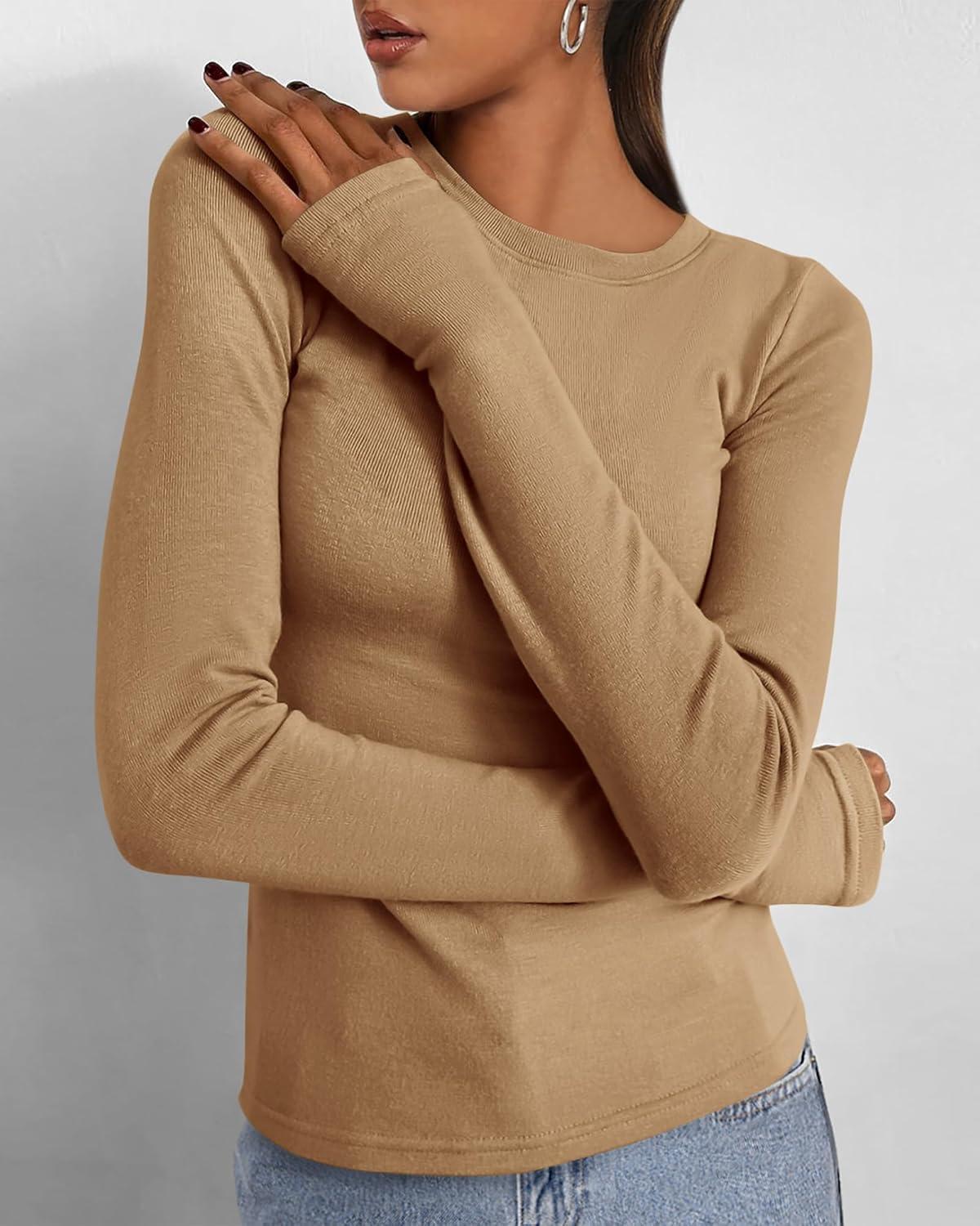imageBTFBM Womens Tops 2026 Spring Outfits Long Sleeve Shirts Crewneck Work Blouses Stretchy Slim Fit Going Out Top WorkoutKhaki