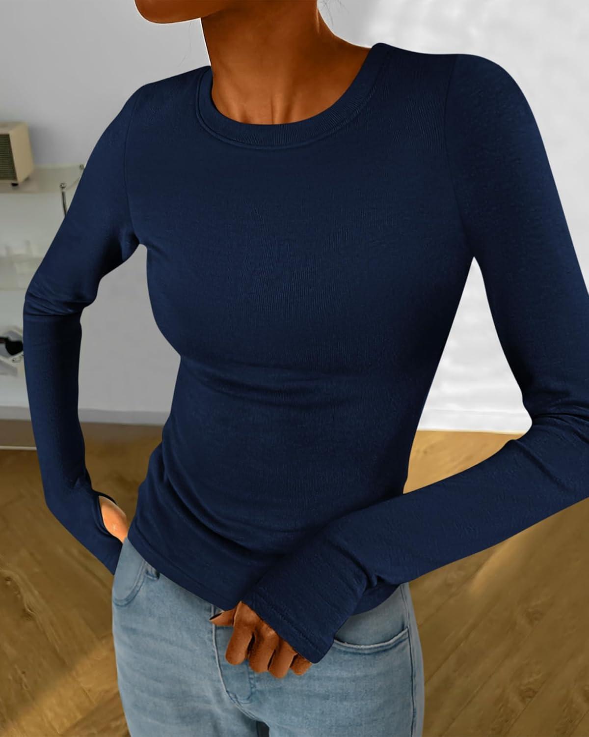 imageBTFBM Womens Tops 2026 Spring Outfits Long Sleeve Shirts Crewneck Work Blouses Stretchy Slim Fit Going Out Top WorkoutNavy