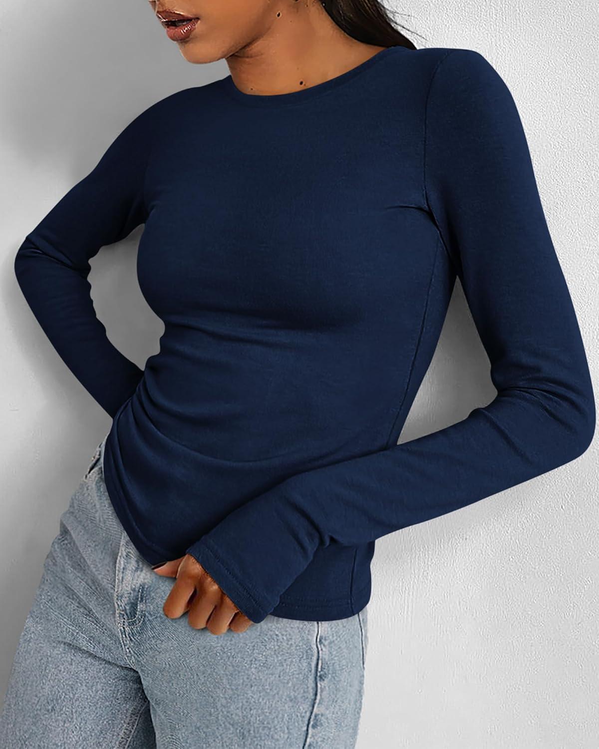 imageBTFBM Womens Tops 2026 Spring Outfits Long Sleeve Shirts Crewneck Work Blouses Stretchy Slim Fit Going Out Top WorkoutNavy