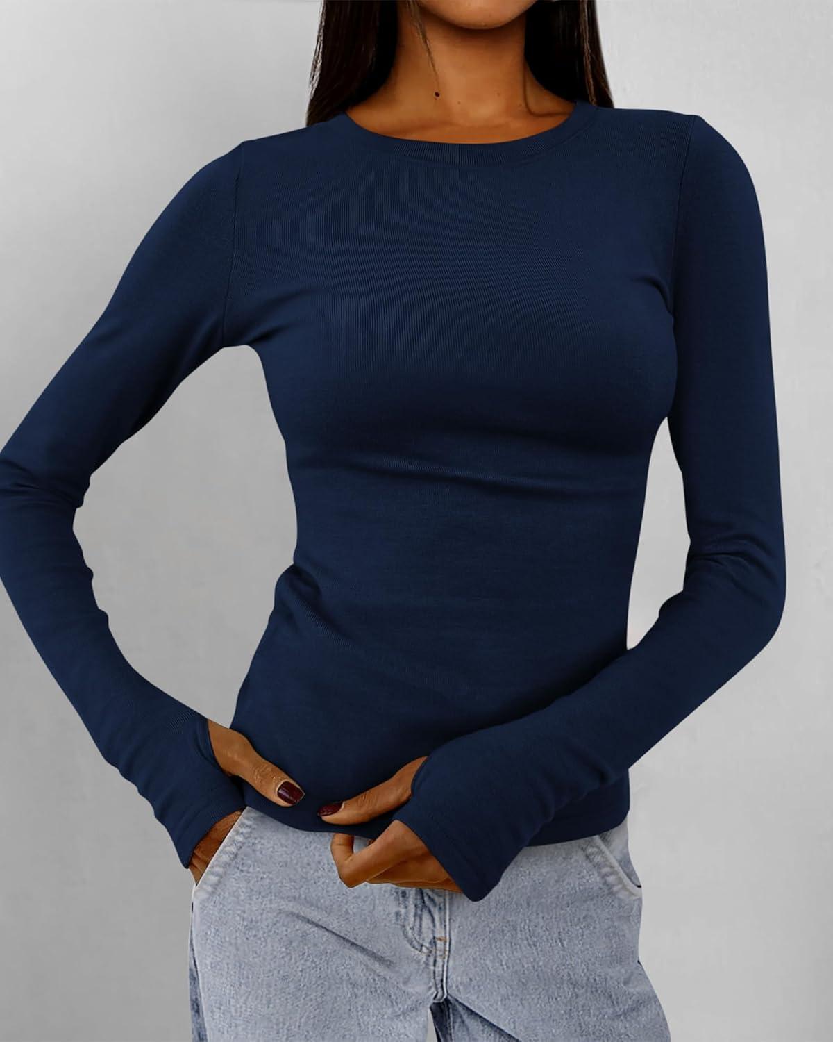 imageBTFBM Womens Tops 2026 Spring Outfits Long Sleeve Shirts Crewneck Work Blouses Stretchy Slim Fit Going Out Top WorkoutNavy