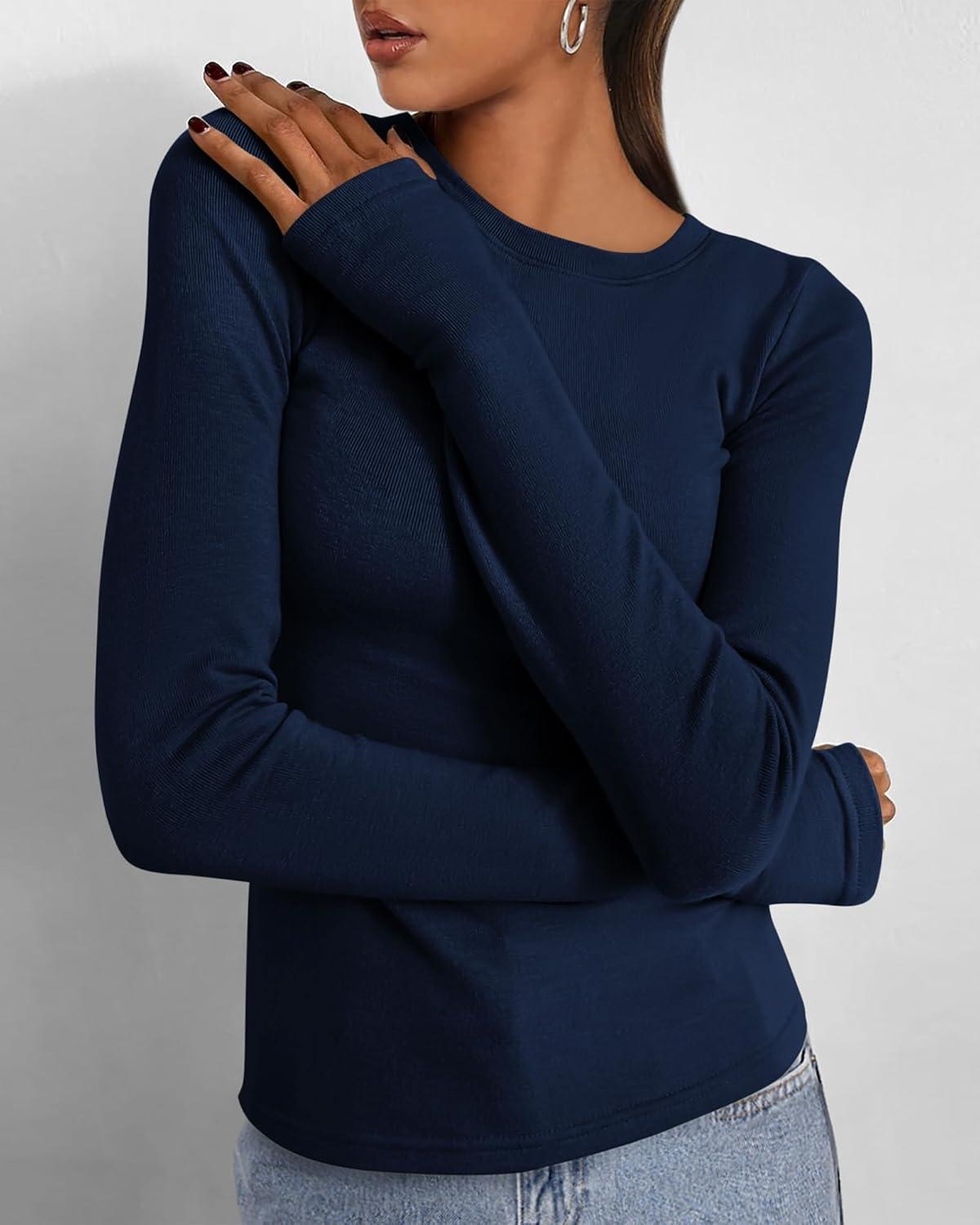 imageBTFBM Womens Tops 2026 Spring Outfits Long Sleeve Shirts Crewneck Work Blouses Stretchy Slim Fit Going Out Top WorkoutNavy