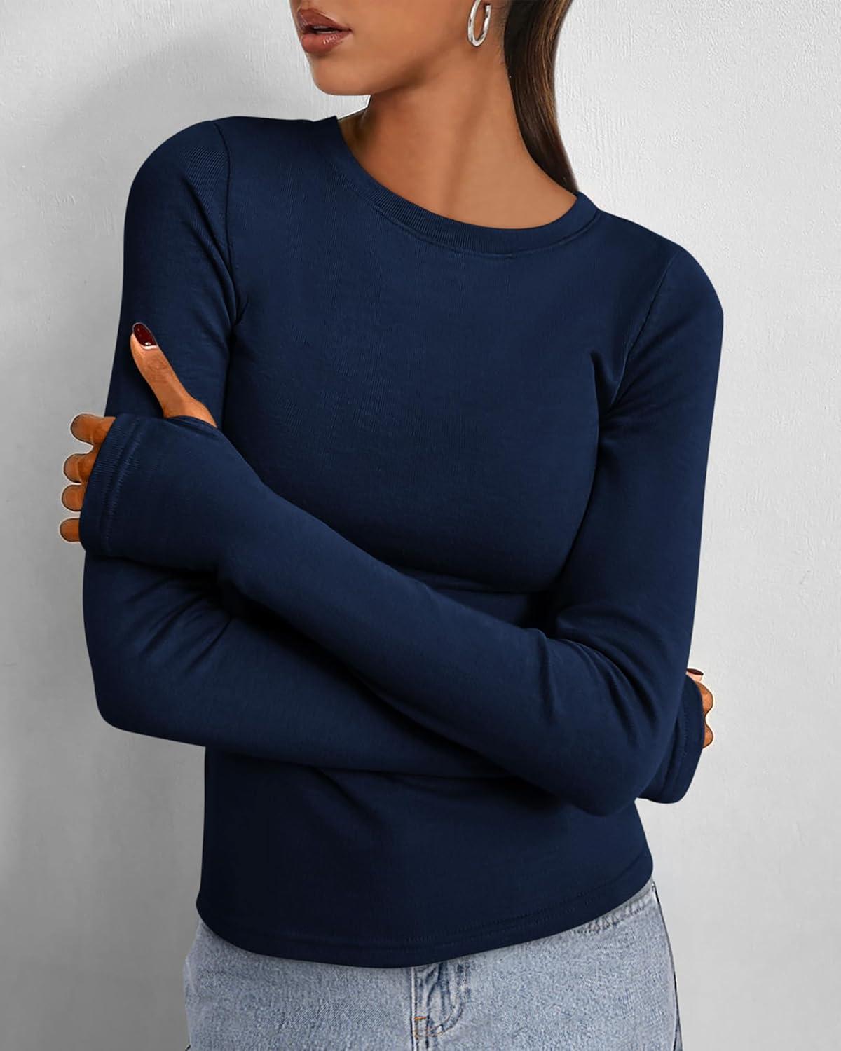 imageBTFBM Womens Tops 2026 Spring Outfits Long Sleeve Shirts Crewneck Work Blouses Stretchy Slim Fit Going Out Top WorkoutNavy