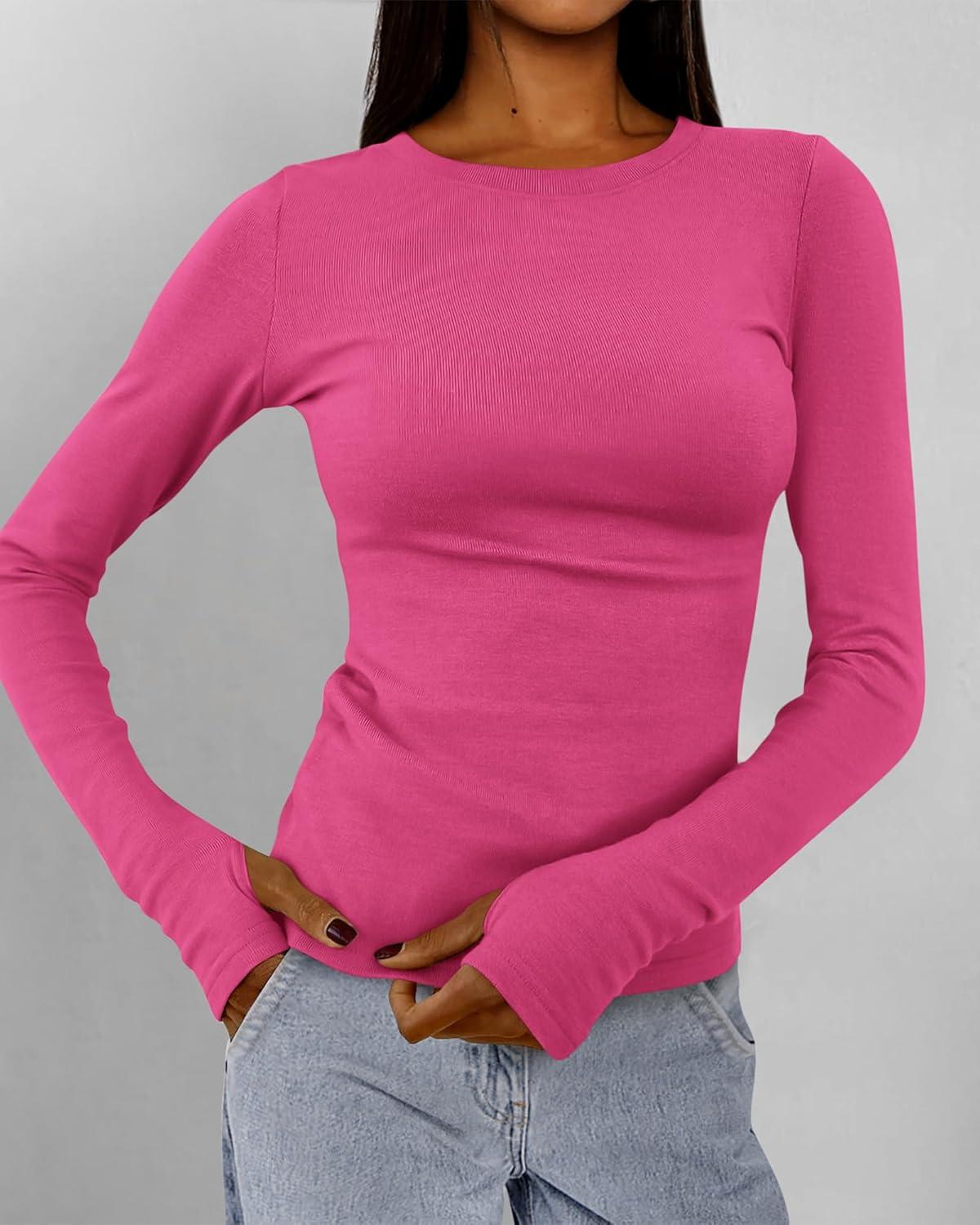 imageBTFBM Womens Tops 2026 Spring Outfits Long Sleeve Shirts Crewneck Work Blouses Stretchy Slim Fit Going Out Top WorkoutRose Red