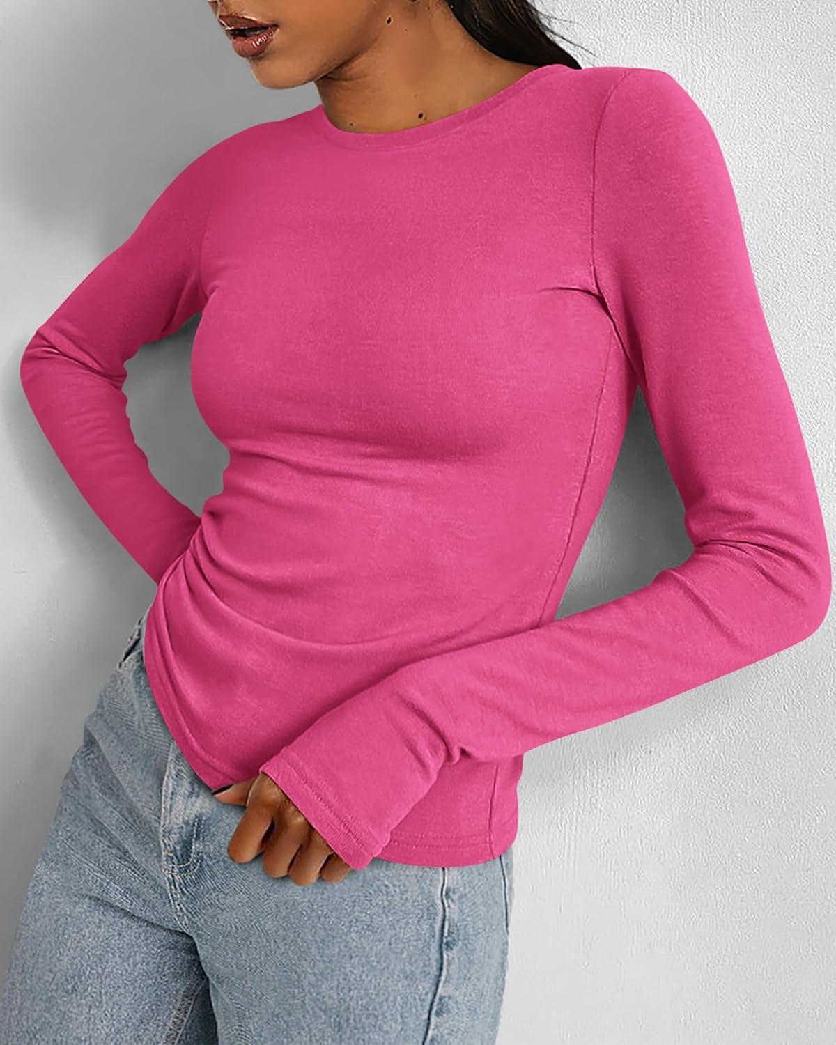 imageBTFBM Womens Tops 2026 Spring Outfits Long Sleeve Shirts Crewneck Work Blouses Stretchy Slim Fit Going Out Top WorkoutRose Red