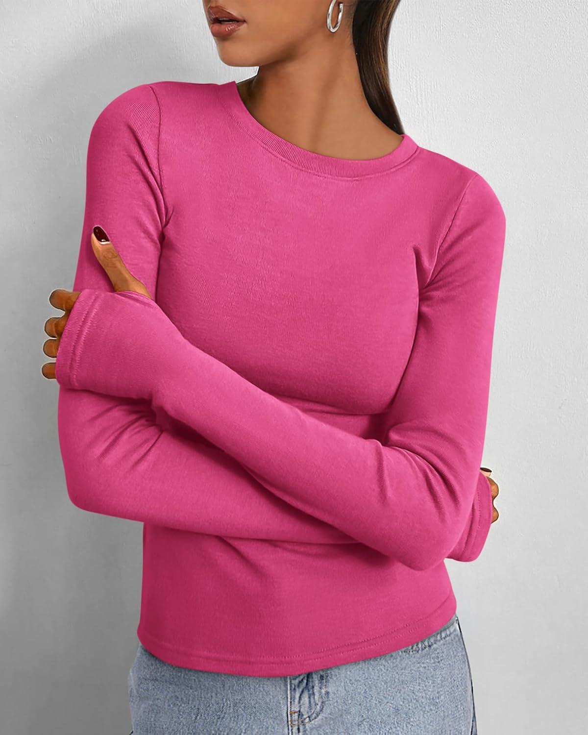 imageBTFBM Womens Tops 2026 Spring Outfits Long Sleeve Shirts Crewneck Work Blouses Stretchy Slim Fit Going Out Top WorkoutRose Red
