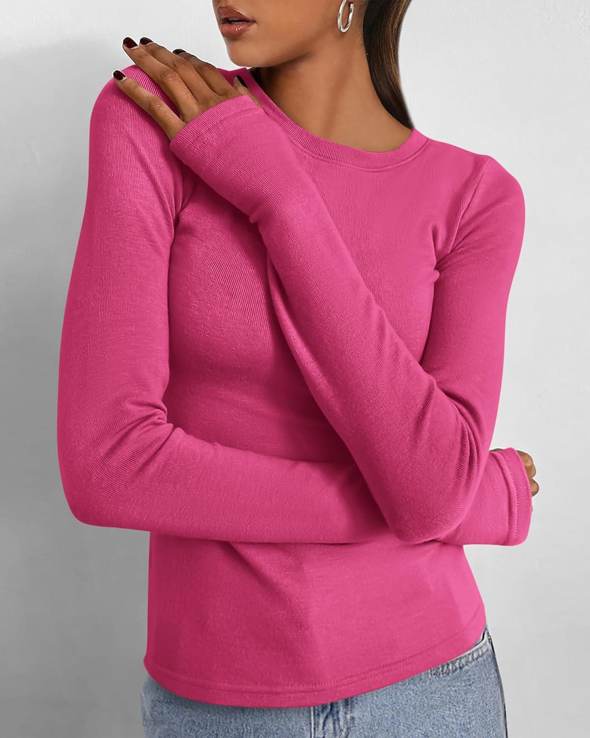imageBTFBM Womens Tops 2026 Spring Outfits Long Sleeve Shirts Crewneck Work Blouses Stretchy Slim Fit Going Out Top WorkoutRose Red
